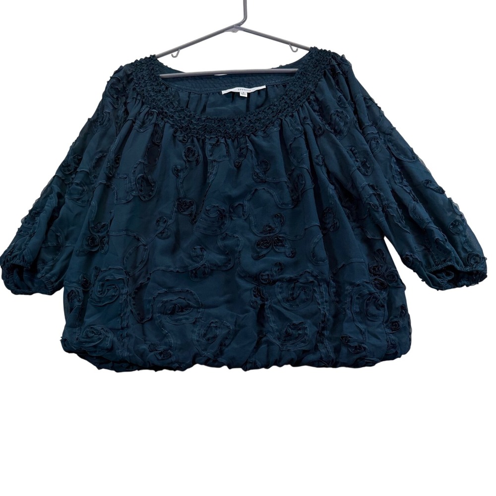 Studio M Blouse Women L Green SM07F30 Rosette Textured Bubble Hem 3/4 Sleeve Top
